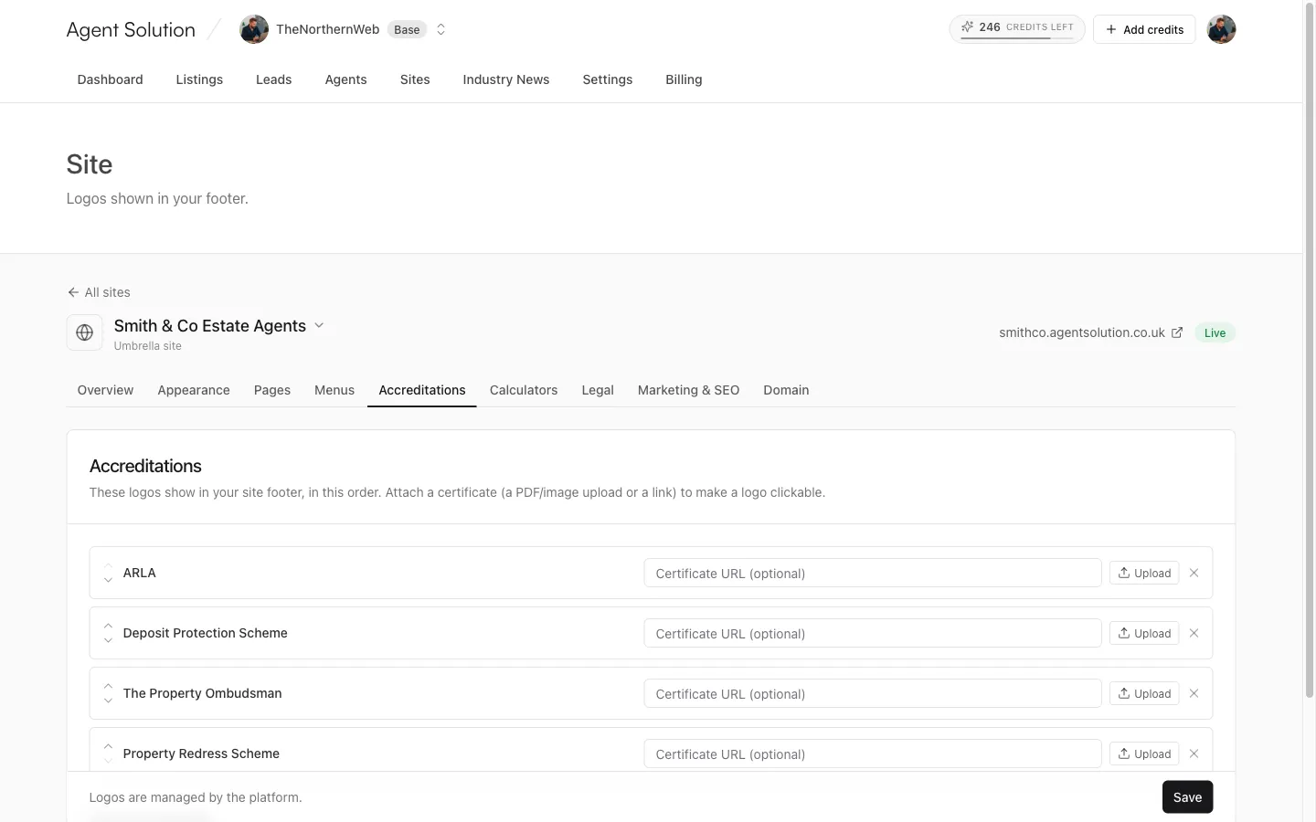 The Accreditations tab: chosen logos with reorder arrows and certificate fields