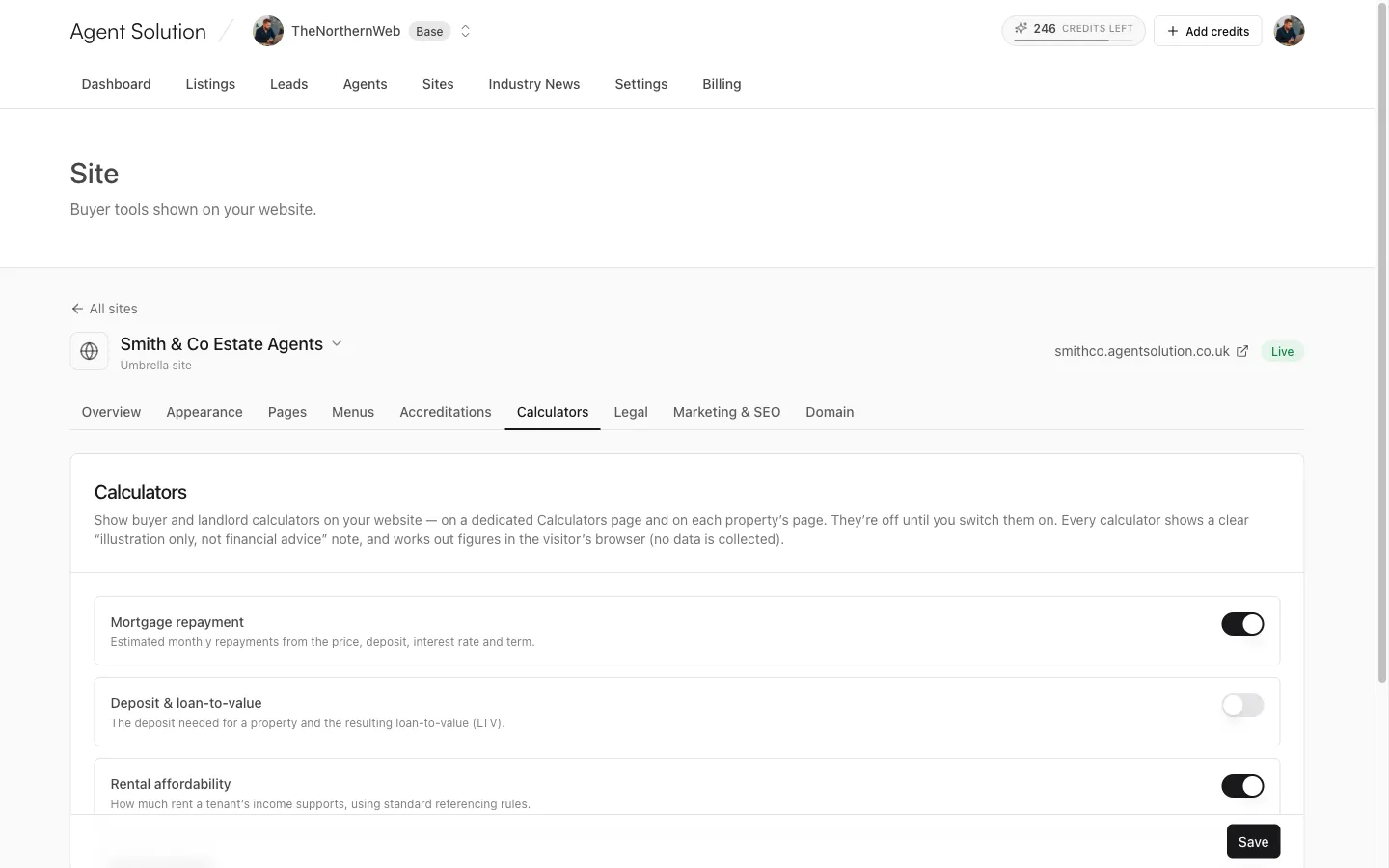 The Calculators tab with switches for the five buyer and landlord tools