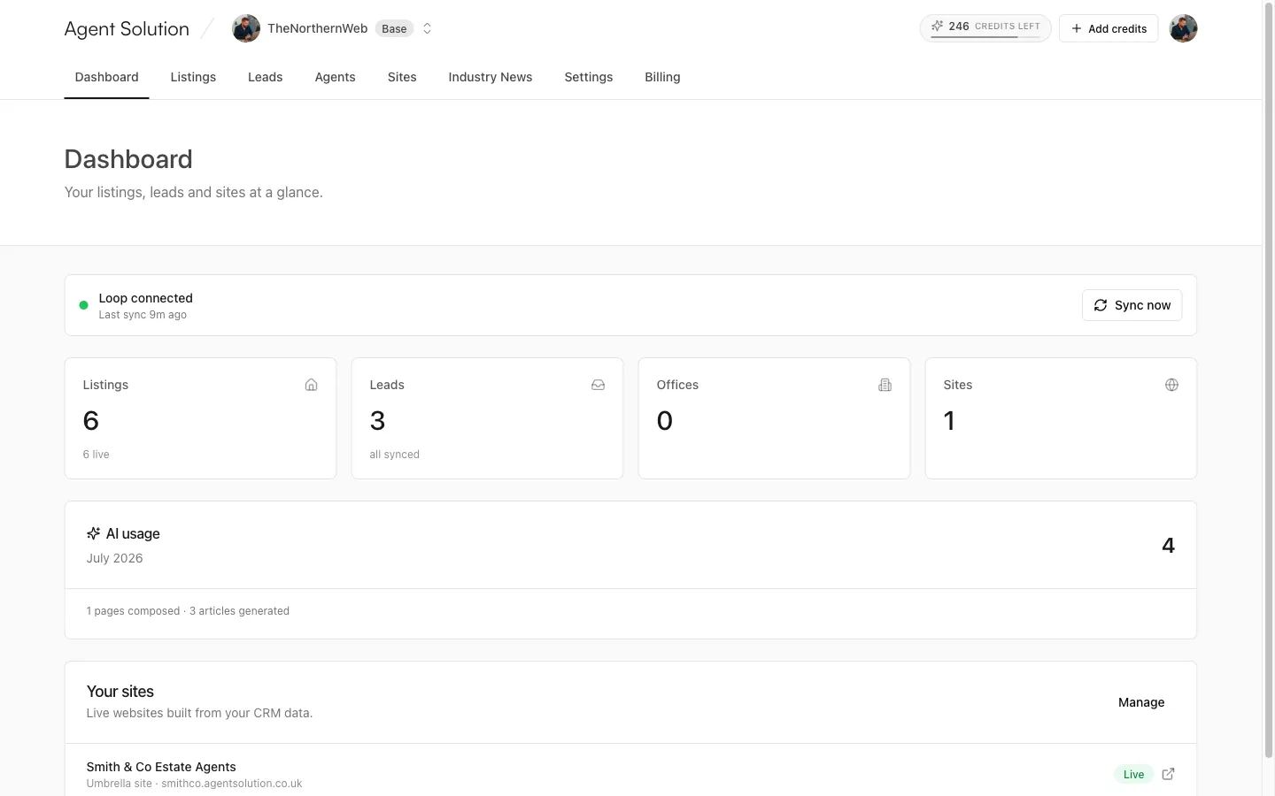 The portal dashboard: CRM status banner, stat cards for listings, leads, offices and sites, and the AI usage panel