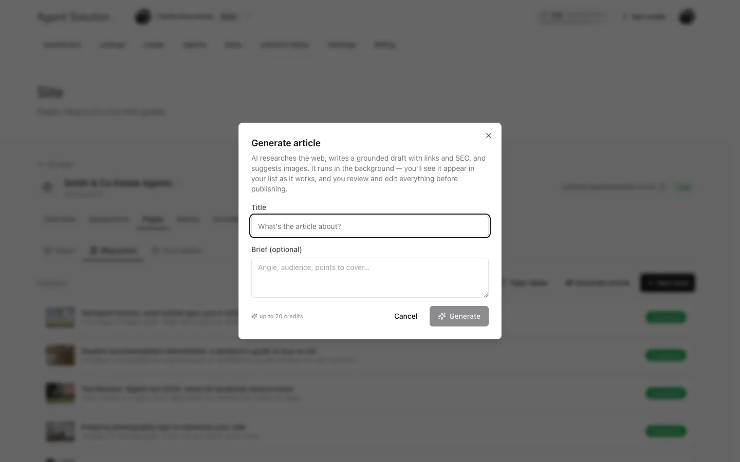 The Generate article dialog with title and brief fields, showing up to 20 credits