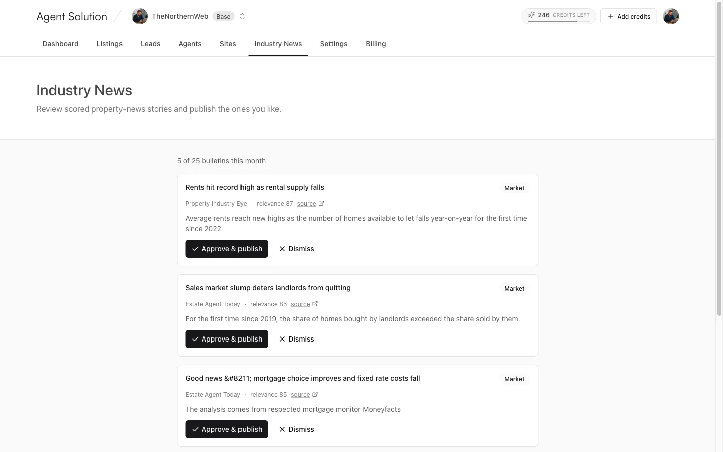 The Industry News review queue with scored stories and Approve and publish buttons