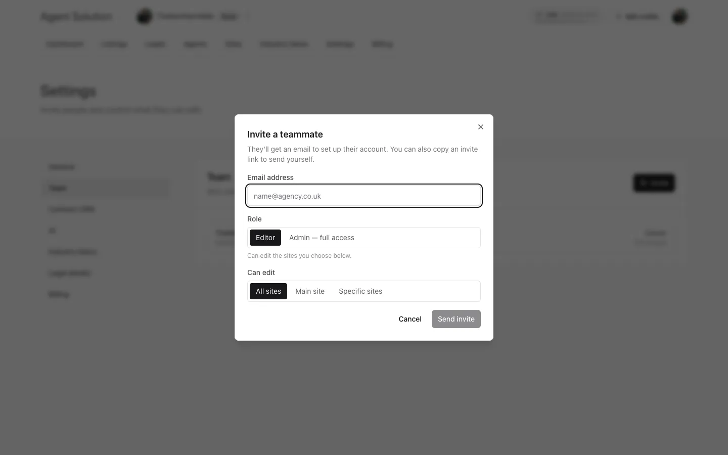 The Invite a teammate dialog with email, role picker and editor site scoping