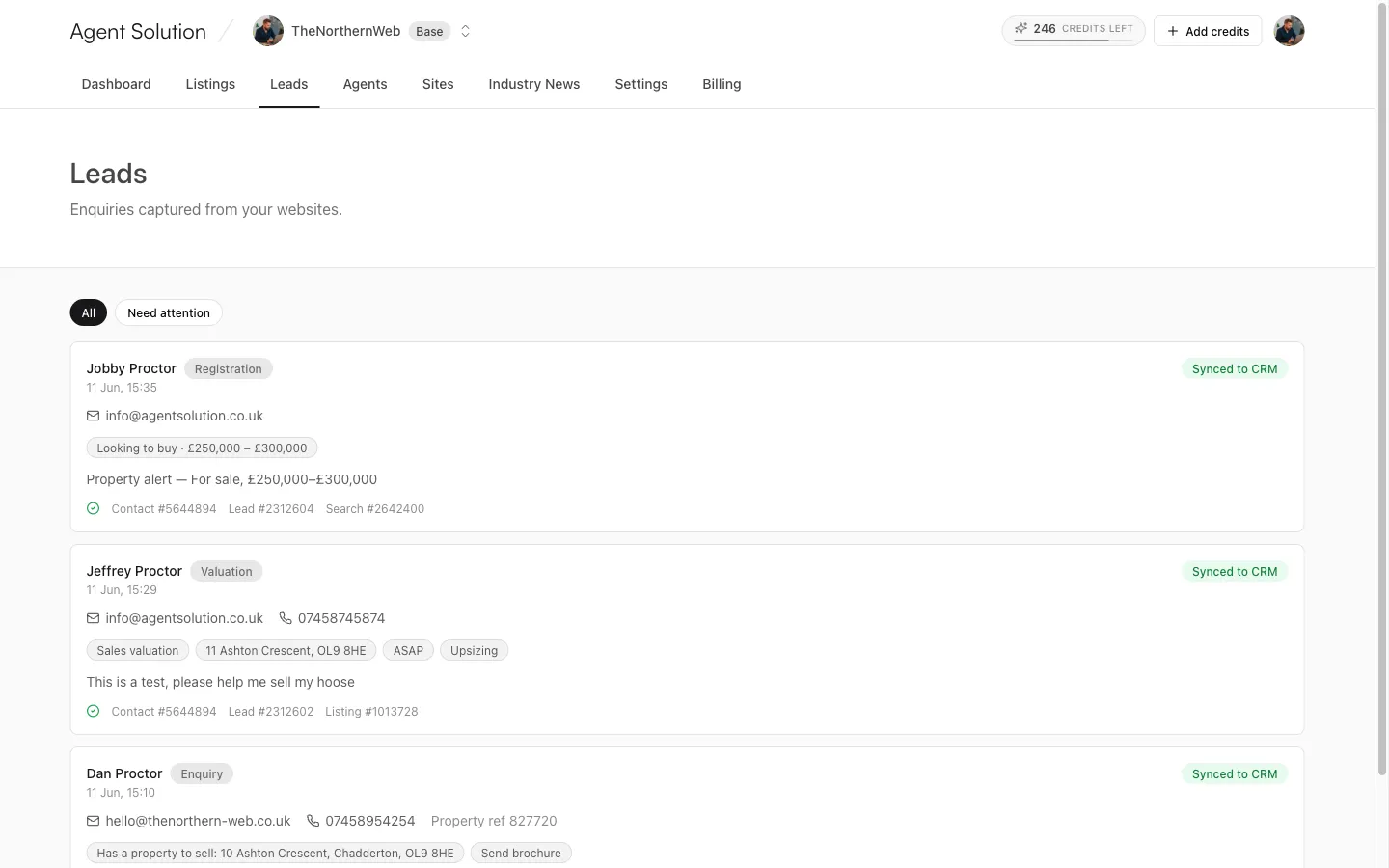 The Leads tab: lead cards with type badges, contact details, intent chips and CRM sync status