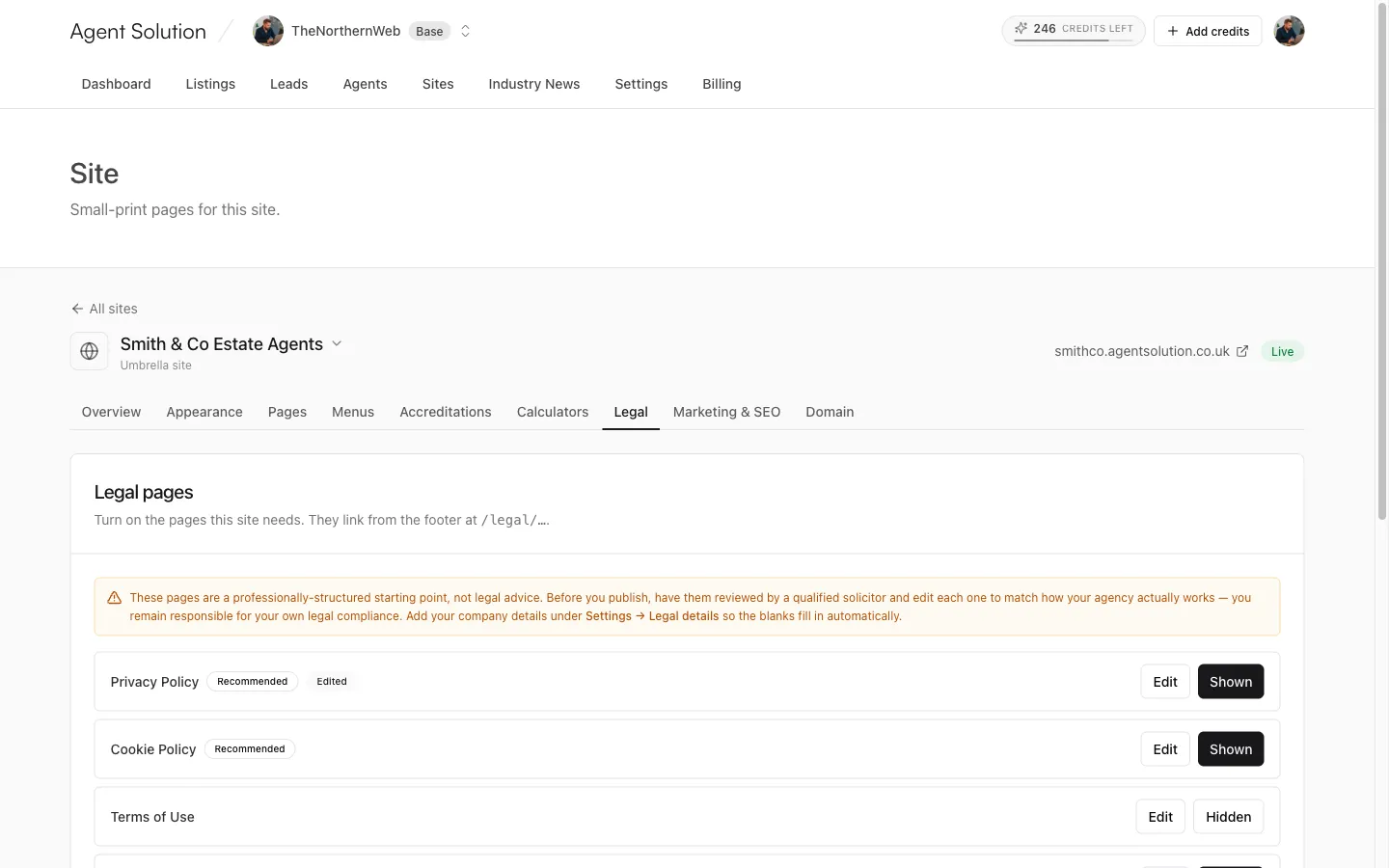 The Legal tab: template pages with Shown and Hidden toggles and Edit buttons