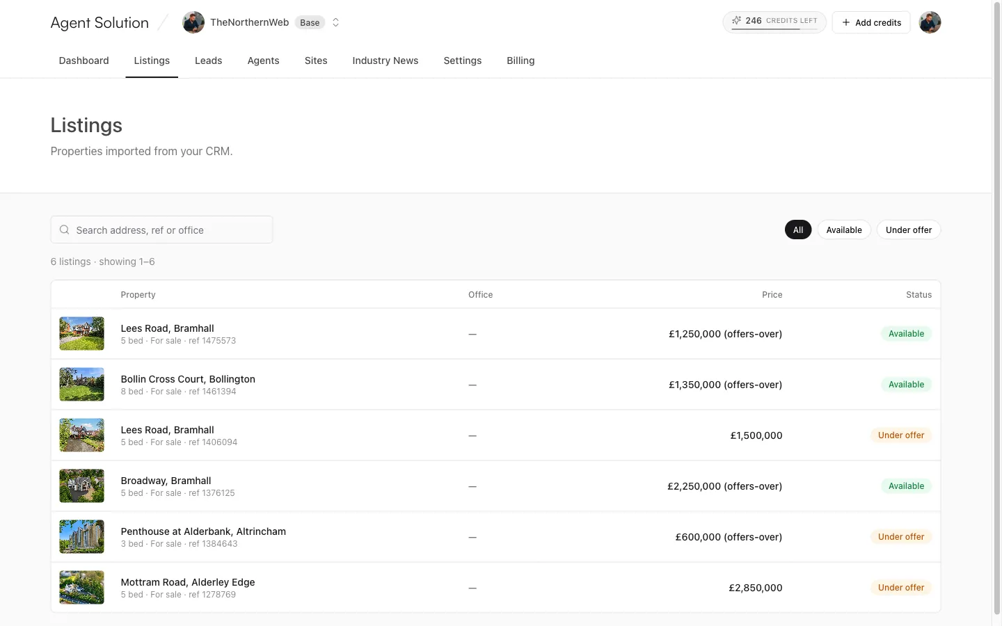 The Listings tab with search, status filter chips and the read-only property table