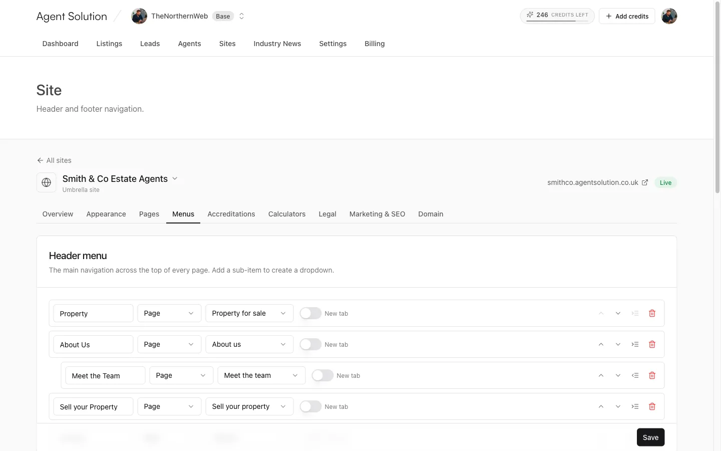 The Menus tab with header and footer menu editors
