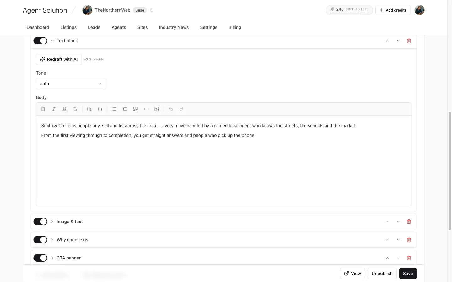 An expanded Text block section: Redraft with AI, Tone setting, rich-text body, and more sections below