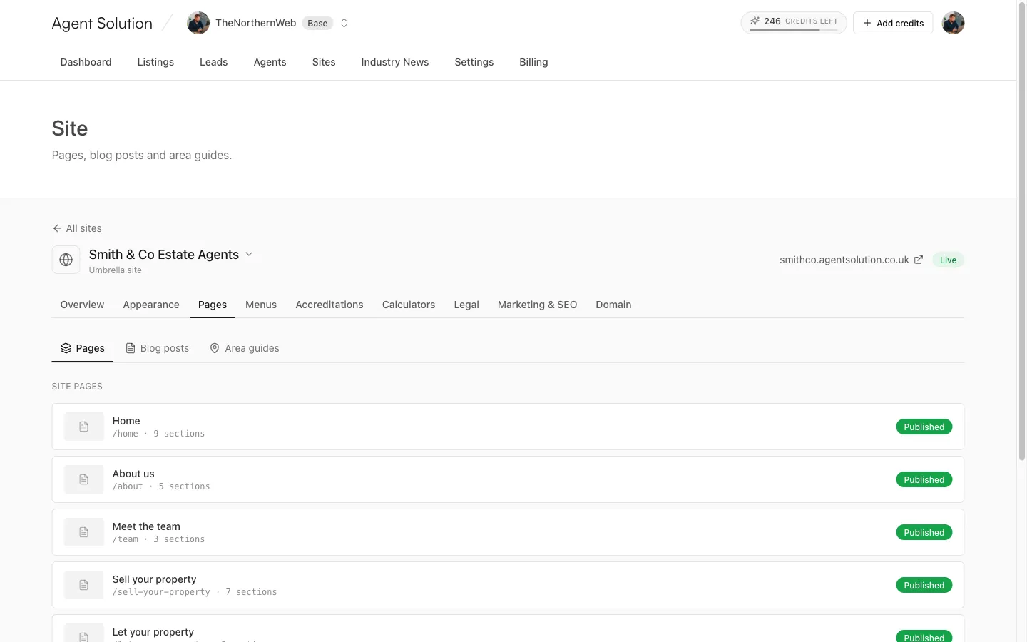 The Pages tab: pinned system pages with published badges and section counts