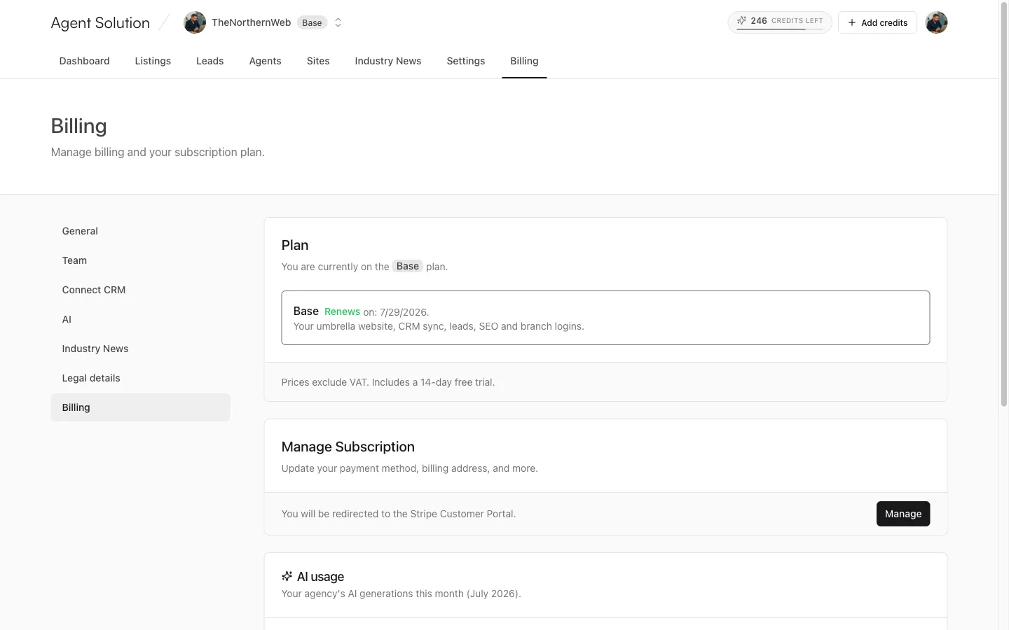 The Billing screen: plan card with renewal date, Manage Subscription, and AI usage