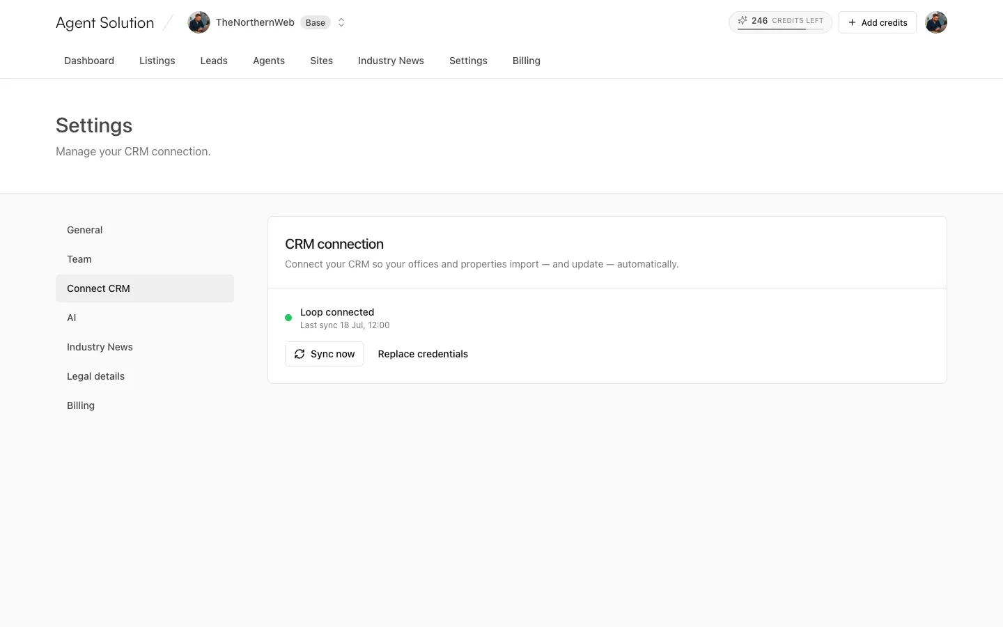 Settings, Connect CRM: provider connected with last sync time, Sync now and Replace credentials