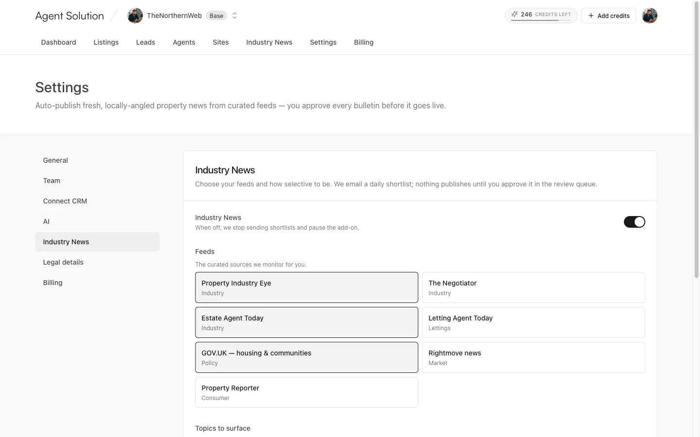 Settings, Industry News: feeds, topics, relevance threshold, publish target and digest options