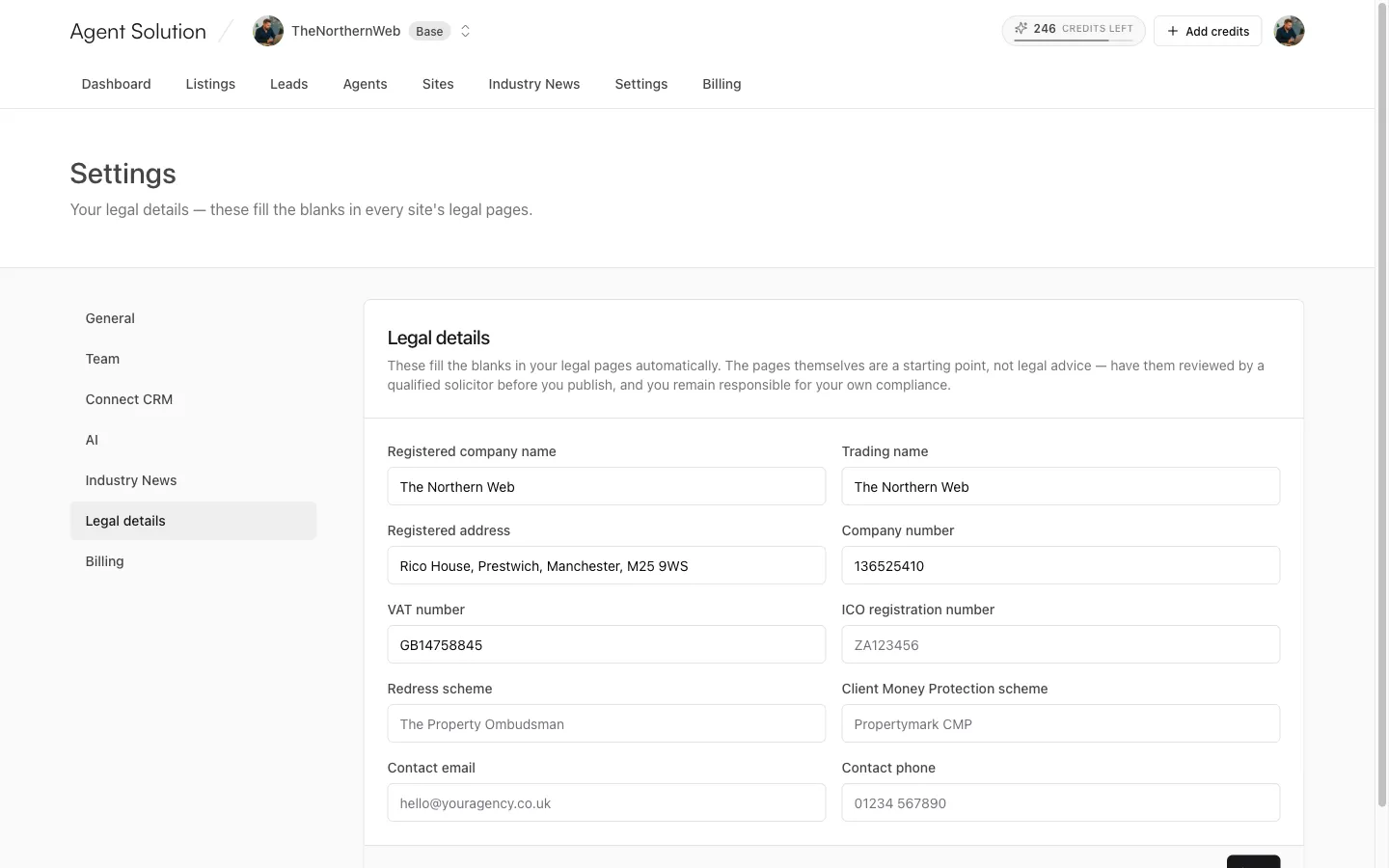 Settings, Legal details: the company fields that fill in legal page blanks