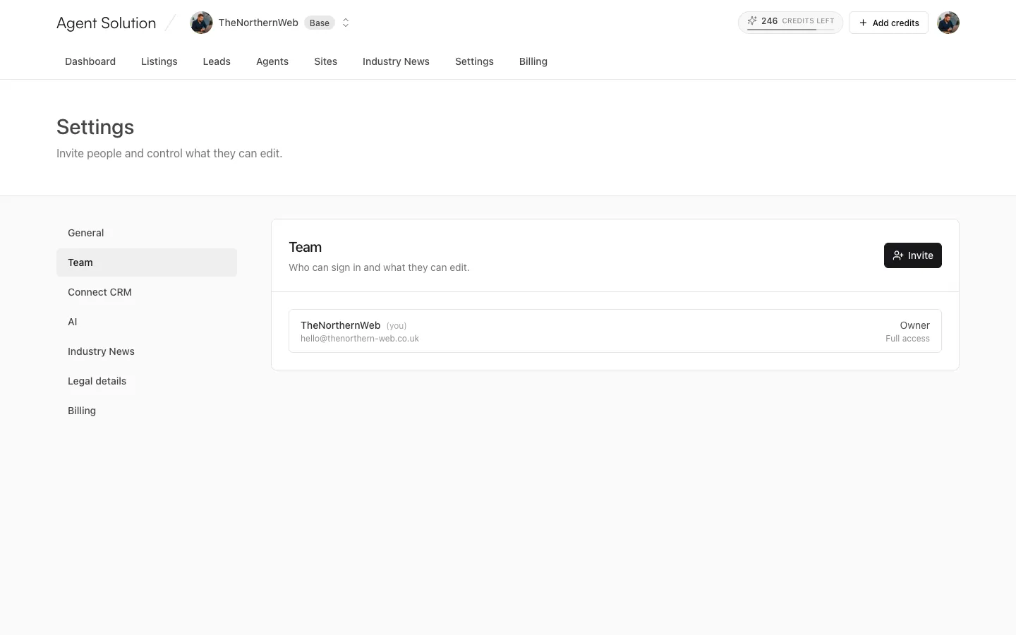 Settings, Team: who can sign in, with roles and an Invite button