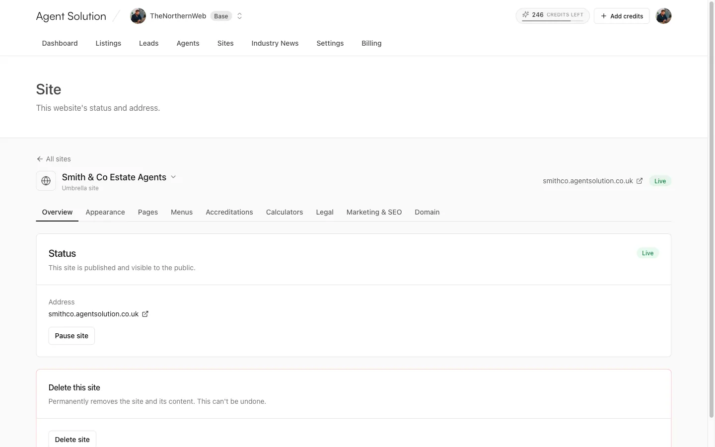 A site workspace: header with site switcher, Live badge, and the tab bar from Overview to Domain
