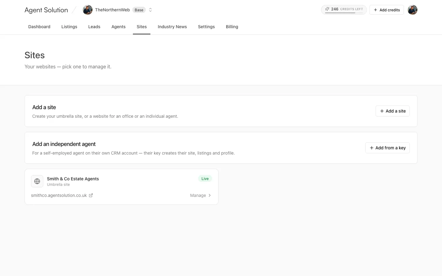 The Sites tab with site cards and the Add a site and Add from a key options