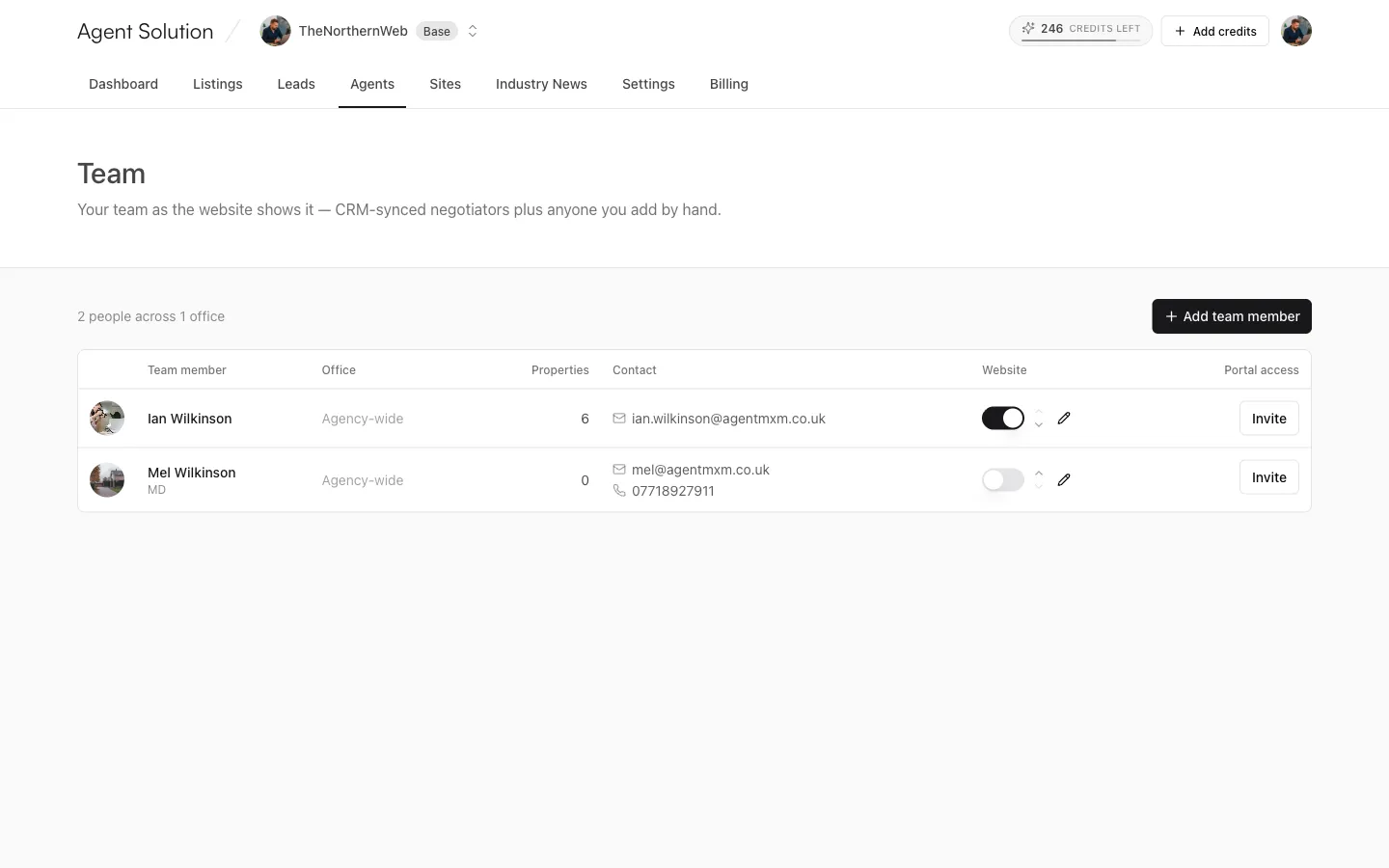 The Agents tab, titled Team: the people shown on your website with office, properties, contact and portal access columns