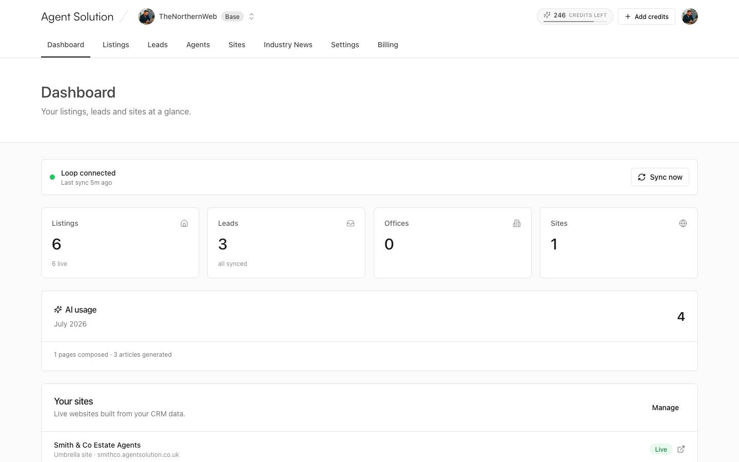 The Agent Solution dashboard the day you connect: listings imported and live, leads synced, credits ready