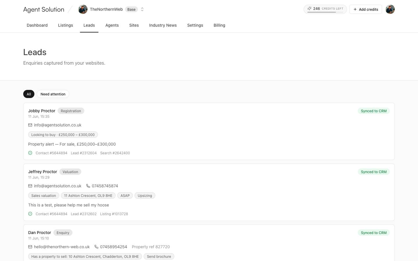 The leads inbox: valuation requests and enquiries saved with contact details and synced to the CRM