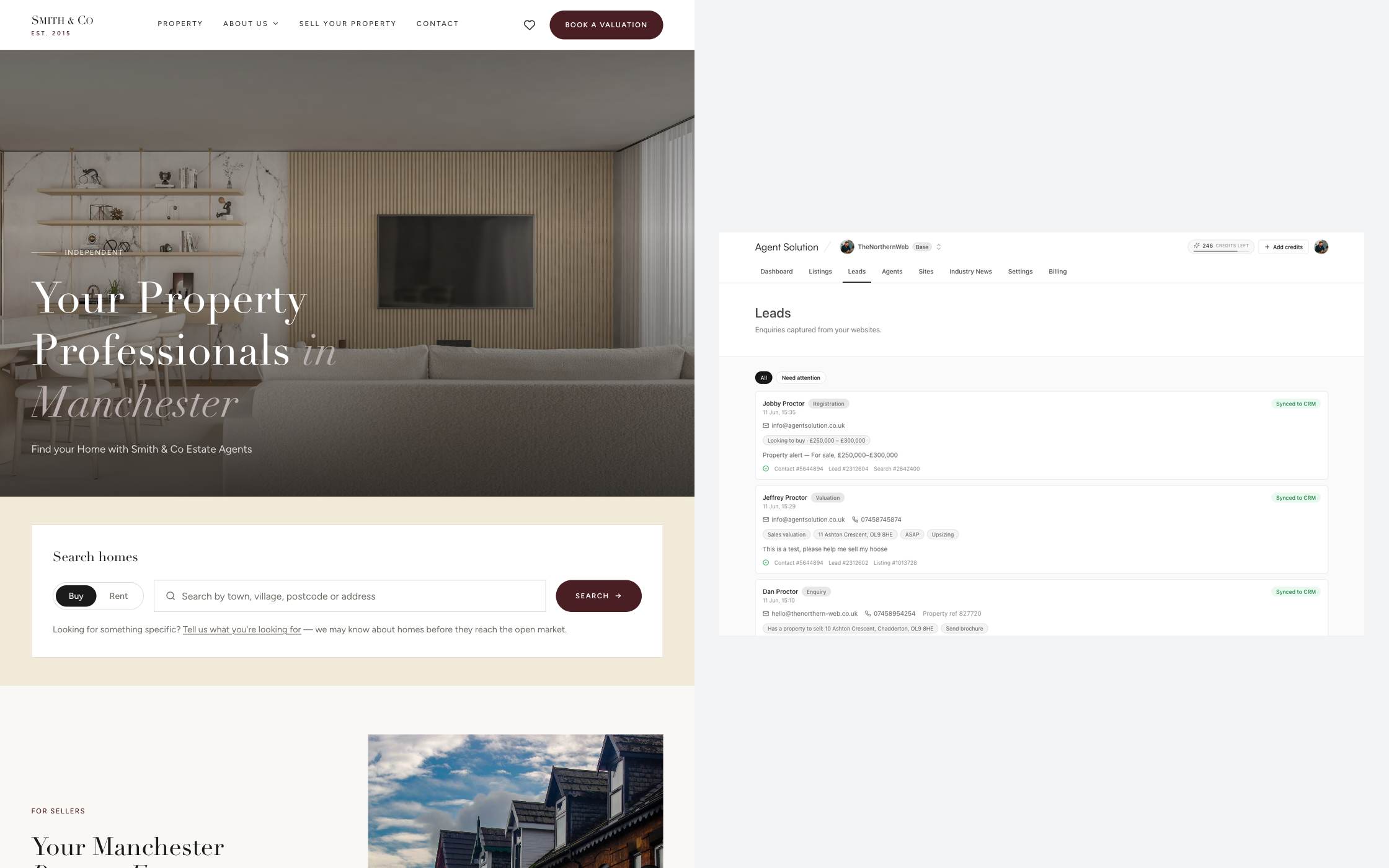 A finished agency website beside the portal leads inbox: the product end to end