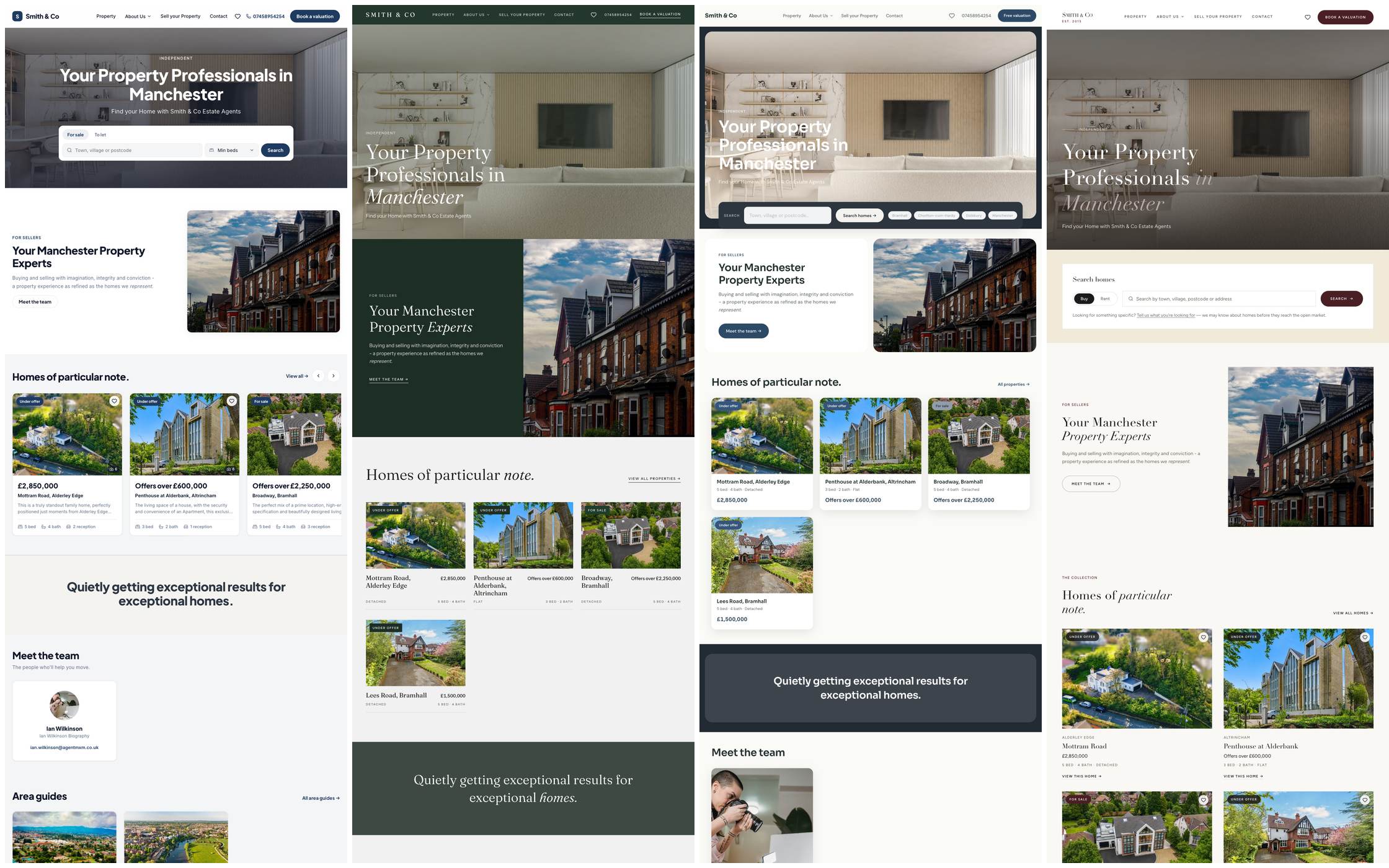 Four themes, the same agency and the same listings: Modern High-Street, Boutique Editorial, Harbour and Regent side by side
